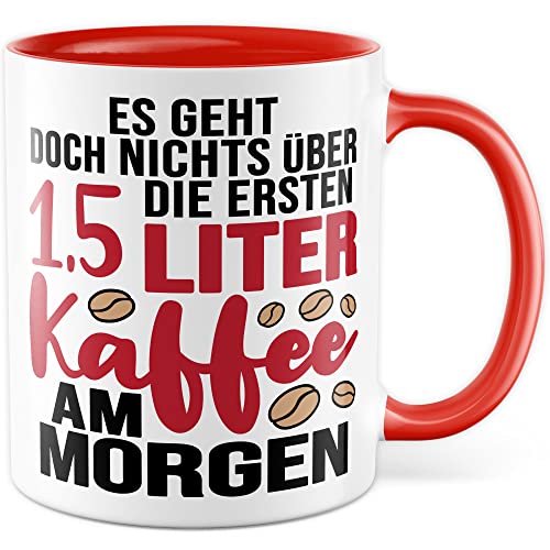 Kaffeetasse lustig Tasse mit Spruch Humor Kaffee-Becher mit Witz Geschenkidee Kaffeefan Geschenk Kaffeeliebhaber witzige Tasse fürs Büro Langschläfer lustige Geschenke (Weiß/Rot) von Pagma Druck