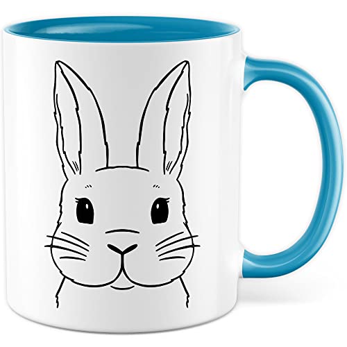Kaninchen Tasse Hasen Bild süße Kaffeetasse mit Tier Motiv Karnickel Kaffee-Becher Häschen Humor Geschenk Spruch Teetasse Haustier Hase Langohr Halter cute Kaninchen Zeichnung (Weiß/Blau) von Pagma Druck