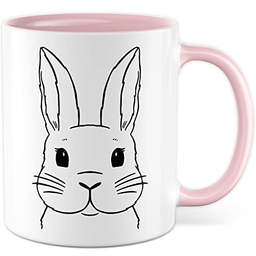 Kaninchen Tasse Hasen Bild süße Kaffeetasse mit Tier Motiv Karnickel Kaffee-Becher Häschen Humor Geschenk Spruch Teetasse Haustier Hase Langohr Halter cute Kaninchen Zeichnung (Weiß/Pink) von Pagma Druck