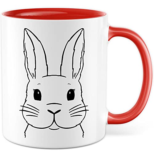 Kaninchen Tasse Hasen Bild süße Kaffeetasse mit Tier Motiv Karnickel Kaffee-Becher Häschen Humor Geschenk Spruch Teetasse Haustier Hase Langohr Halter cute Kaninchen Zeichnung (Weiß/Rot) von Pagma Druck