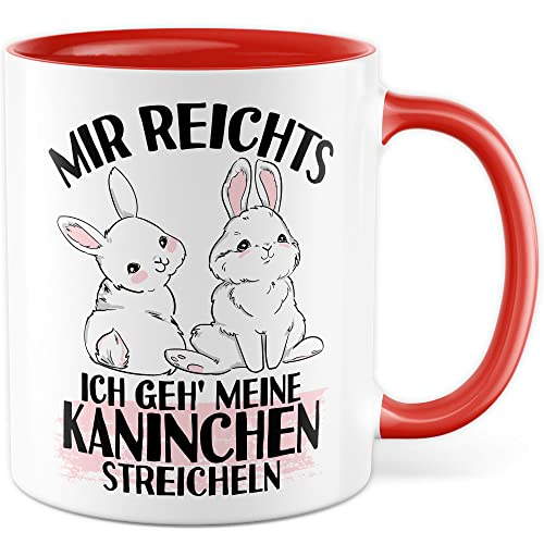 Kaninchen Tasse mit Spruch lustige Kaffeetasse mit Tier Witz Karnickel Kaffee-Becher Häschen Humor Geschenk Mir reichts ich geh Kaninchen streicheln Spruch Teetasse Haustier Hase Halter (Weiß/Rot) von Pagma Druck