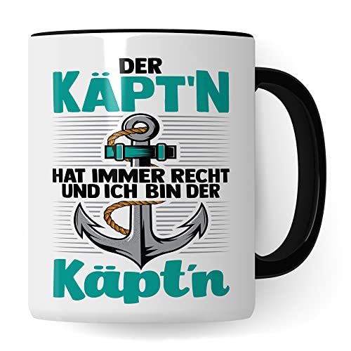 Kapitän Tasse, Der Käpt´n hat immer Recht und ich bin der Käpt´n Geschenk Kaffee-Becher Geschenkidee Bootliebhaber Kaffeetasse Bootbesitzer Tasse mit Spruch lustig Motiv (Weiß/Schwarz) von Pagma Druck