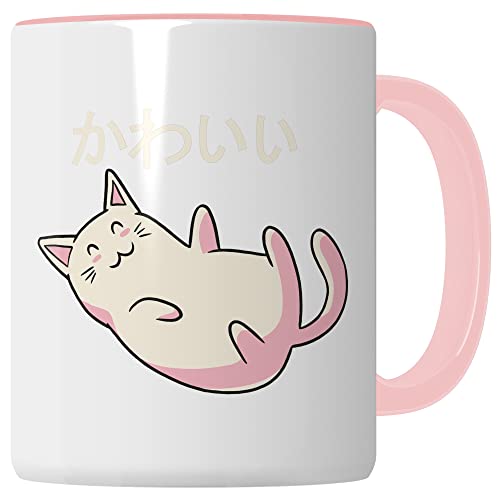 Katze Tasse Geschenkidee Japan Kaffeetasse Geschenk für Anime Fan Kaffeebecher Kawaii Becher (Weiß & Pink) von Pagma Druck