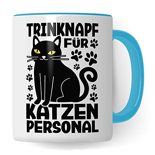 Katzen Tasse Kaffeetasse Humor Kaffee-Becher mit Spruch Katze Witz Katzenmama Trinknapf für Katzenpersonal Trinknapf Geschenk Geschenkidee für Katzenliebhaber Katzentasse Tasse fürs Büro (Weiß/Blau) von Pagma Druck