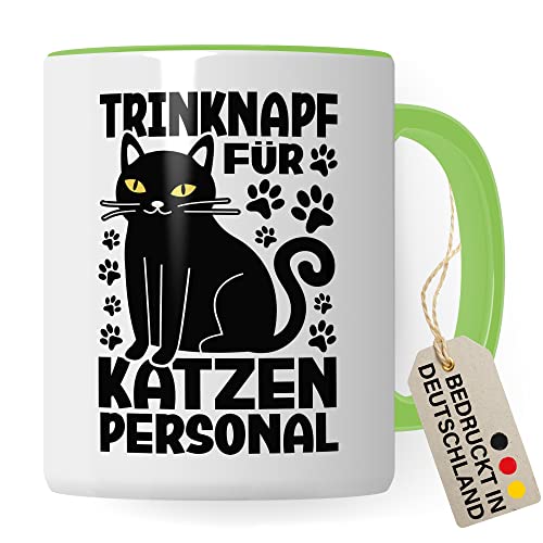 Katzen Tasse Kaffeetasse Humor Kaffee-Becher mit Spruch Katze Witz Katzenmama Trinknapf für Katzenpersonal Trinknapf Geschenk Geschenkidee für Katzenliebhaber Katzentasse Tasse fürs Büro (Weiß/Grün) von Pagma Druck