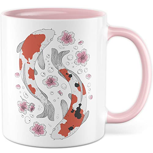 Koi Design Tasse mit Bild Kaffeetasse Koikarpfen Kaffee-Becher Koi-Karpfen Druck Fische und Blumen Tasse Zeichnung Fisch und Pflanzen im Wasser Motiv Japan japanische Karpfen (Weiß/Pink) von Pagma Druck