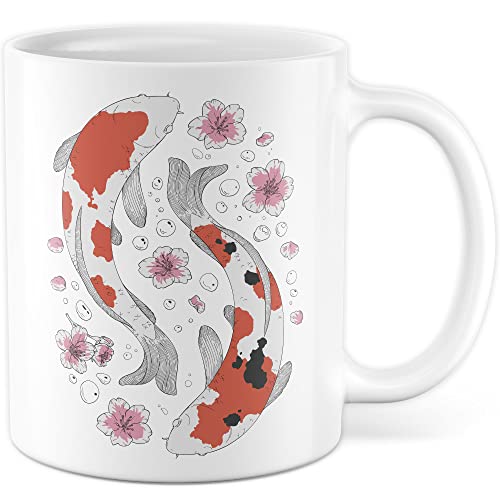 Koi Design Tasse mit Bild Kaffeetasse Koikarpfen Kaffee-Becher Koi-Karpfen Druck Fische und Blumen Tasse Zeichnung Fisch und Pflanzen im Wasser Motiv Japan japanische Karpfen (Weiß/Weiß) von Pagma Druck