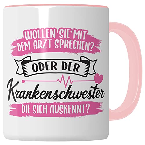 Krankenschwester Tasse - Geschenk für die Krankenschwester die sich auskennt - Krankenschwester Arzthelferin Medizinische Fachangestellte Kaffee-Becher (Weiß/Pink) von Pagma Druck