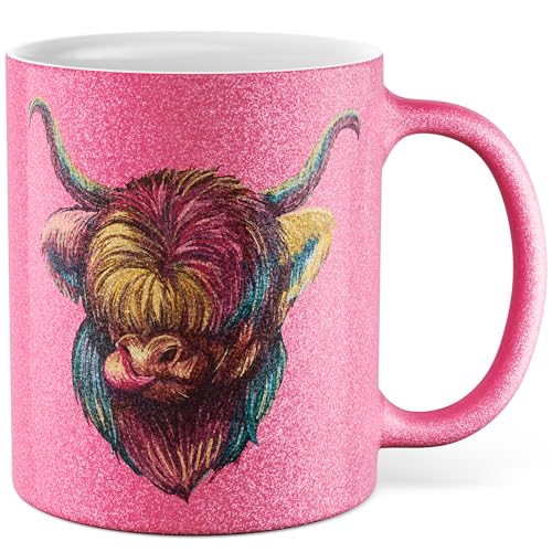 Kuh Tasse mit Motiv - Geschenk Schottisches Hochlandrind - Kaffeetasse 330ml aus Keramik - Highland cow Illustration bunt Zeichnung Rind Tiere Schottland Deko Kaffee-Becher (Pink Glitzer) von Pagma Druck