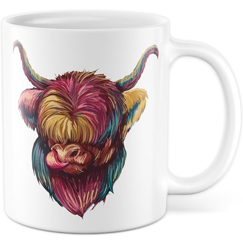 Kuh Tasse mit Motiv - Geschenk Schottisches Hochlandrind - Kaffeetasse 330ml aus Keramik - Highland cow Illustration bunt Zeichnung Rind Tiere Schottland Deko Kaffee-Becher (Weiß) von Pagma Druck