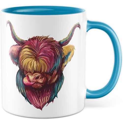 Kuh Tasse mit Motiv - Geschenk Schottisches Hochlandrind - Kaffeetasse 330ml aus Keramik - Highland cow Illustration bunt Zeichnung Rind Tiere Schottland Deko Kaffee-Becher (Weiß/Blau) von Pagma Druck