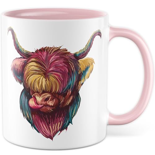 Kuh Tasse mit Motiv - Geschenk Schottisches Hochlandrind - Kaffeetasse 330ml aus Keramik - Highland cow Illustration bunt Zeichnung Rind Tiere Schottland Deko Kaffee-Becher (Weiß/Rosa) von Pagma Druck