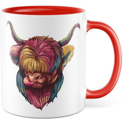 Kuh Tasse mit Motiv - Geschenk Schottisches Hochlandrind - Kaffeetasse 330ml aus Keramik - Highland cow Illustration bunt Zeichnung Rind Tiere Schottland Deko Kaffee-Becher (Weiß/Rot) von Pagma Druck