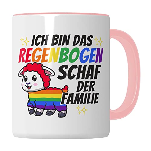 LGBTQI+ Tasse, Ich bin das Regenbogen Schaf der Familie, Gay Pride Geschenk Spruch lustig Motiv Geschenkidee Kaffeetasse outing LGBT queer schwul lesbisch Spruch (Weiß/Pink) von Pagma Druck