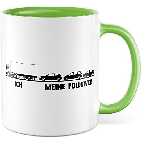 LKW Tasse mit Spruch Lkw-Fahrer Kaffeetasse Kaffee-Becher lustig Geschenkidee Fernfahrer Geschenk Lastwagen Spediteur Ich Meine Follower Witz Trucker Lastwagen-Fahrer Stau (Weiß/Grün) von Pagma Druck