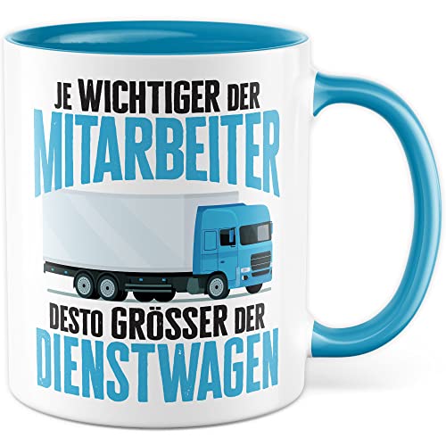 LKW Tasse mit Spruch Lkw-Fahrer Kaffeetasse Kaffee-Becher lustig Geschenkidee Fernfahrer Geschenk Lastwagen Spediteur Je wichtiger der Mitarbeiter desto größer der Dienstwagen Witz Trucker (Weiß/Blau) von Pagma Druck