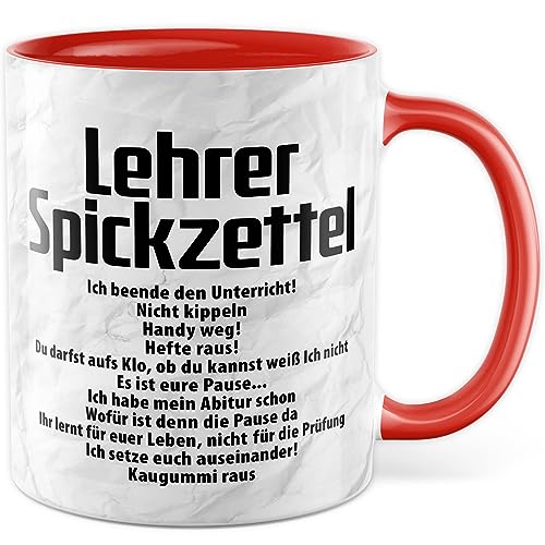 Lehrer Tasse, Lehrer Spickzettel, Geschenkidee lustig Lehrerin Lehrerin Beruf Spruch lustig Grundschule, Geschenk Kollegen Schule (Weiß/Rot) von Pagma Druck