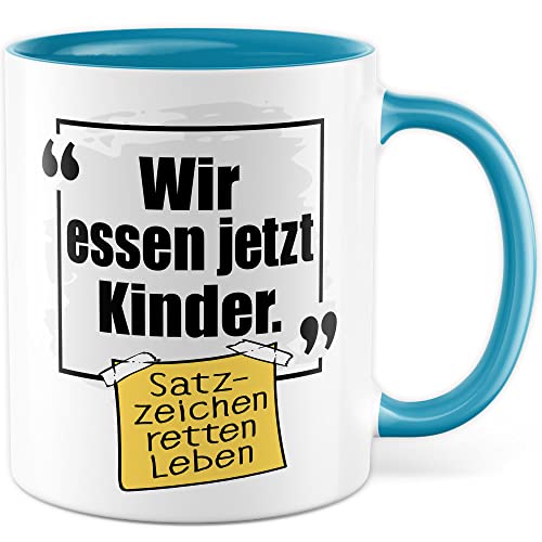 Lustige Tasse mit Spruch Kaffeetasse Grammatik Witz lustig Kaffee-Becher Zeichensetzung rettet Leben wir essen jetzt Kinder Interpunktion Deutsch (Weiß/Blau) von Pagma Druck