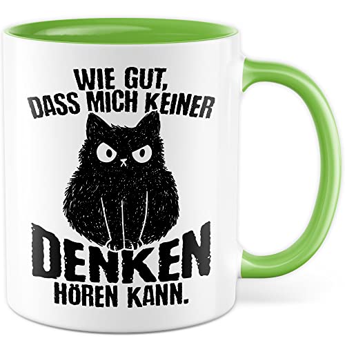 Lustige Tasse mit Spruch böser Humor Kaffeetasse Büro denken hören Gedanken Kaffee-Becher Humor Geschenkidee lustig Geschenk Sarkasmus schwarzer böser dunkler Humor Wortspiel witzig (Weiß/Grün) von Pagma Druck