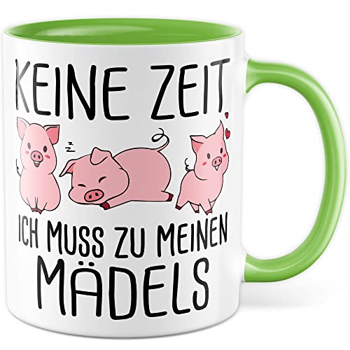 Mädels Tasse Schweinchen lustige Schweine Kaffeetasse Geschenk Kaffee-Becher Schwein süß Geschenkidee Mädchen Kollegin Humor Tante Freundin Cartoon witzig Bäuerin Bauernfrau Ferkel (Weiß/Grün) von Pagma Druck