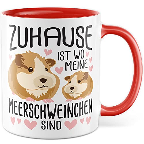 Meerschweinchen Tasse mit Spruch lustige Meerschwein Kaffeetasse Geschenk Kaffee-Becher Meersau süß Geschenkidee Daheim Kollegin Humor Freundin Cartoon Aufdruck witzig Haustier zuhause (Weiß/Rot) von Pagma Druck