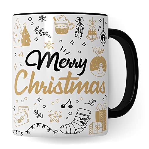 Merry Christmas Tasse Weihnachten Kaffeetasse xmas Geschenk Kollegen Geschenkidee Mama Advent Glühwein-Becher Tee Oma Deko Winter weihnachtlich Rot Gold Amerikanisch (Weiß/Schwarz) von Pagma Druck