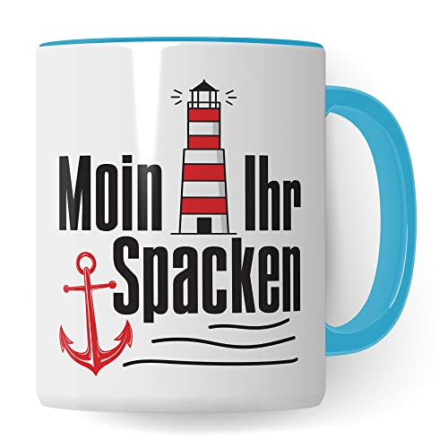Moin ihr Spacken Tasse Kaffee-Tasse Geschenkidee für Norddeutsche Norddeutschland Meer Nordsee Ostsee Kaffeebecher (Weiß/Blau) von Pagma Druck