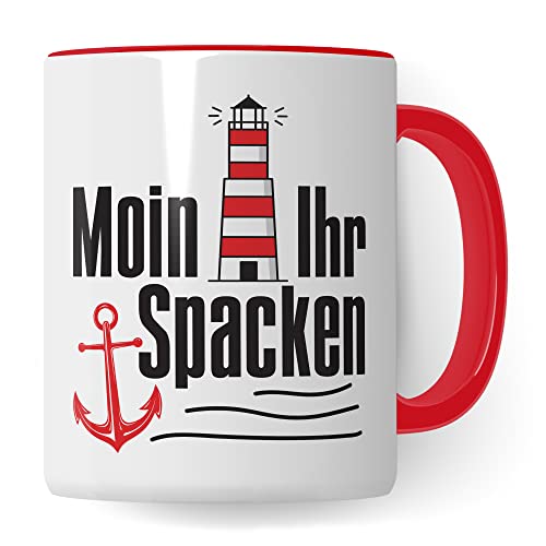 Moin ihr Spacken Tasse Kaffee-Tasse Geschenkidee für Norddeutsche Norddeutschland Meer Nordsee Ostsee Kaffeebecher (Weiß/Rot) von Pagma Druck