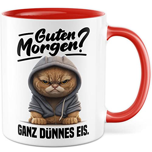 Tasse mit Spruch lustig Katze Morgenmuffel Witz Geschenkidee Kaffeetasse Humor Geschenk für Verschlafen Kaffeebecher Witz Becher (Weiß & Rot) von Pagma Druck