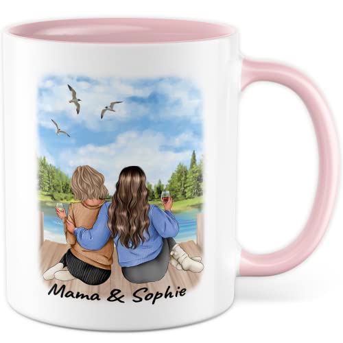 Muttertag Tasse Mama Personalisiert mit Name Geschenkidee Mutter Tochter Kaffeetasse Spruch Personalisieren Geschenk Kaffeebecher Becher (Rosa & Weiß) von Pagma Druck