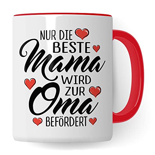 Oma Tasse mit Spruch, Nur die beste Mama wird zur Oma befördert, Geschenk Großmutter, Baby Ankündigung Reveal Geschenkidee Kaffeetasse Enkel (Weiß/Rot) von Pagma Druck