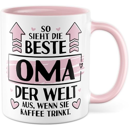 Oma Tasse mit Spruch - Geschenk So sieht die beste Oma der Welt aus, wenn sie Kaffee trinkt - Kaffeetasse 330ml aus Keramik - Großmutter Enkel Großeltern Familie Kaffee-Becher von Pagma Druck