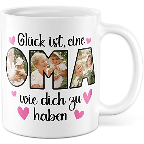Oma Tasse personalisiert mit Bild, Glück ist eine Oma wie dich zu haben, Geschenk personalisierbar Großmutter Spruch Enkelkinder Geschenkidee Enkel Kaffeetasse (Weiß) von Pagma Druck