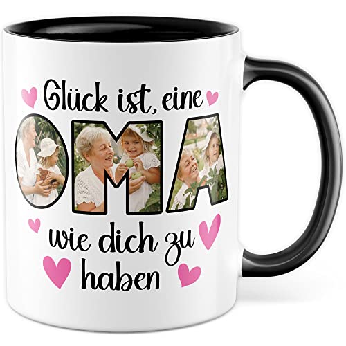 Oma Tasse personalisiert mit Bild, Glück ist eine Oma wie dich zu haben, Geschenk personalisierbar Großmutter Spruch Enkelkinder Geschenkidee Enkel Kaffeetasse (Weiß/Schwarz) von Pagma Druck