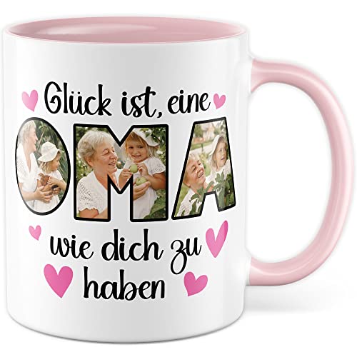 Oma Tasse personalisiert mit Bild, Glück ist eine Oma wie dich zu haben, Geschenk personalisierbar Großmutter Spruch Enkelkinder Geschenkidee Enkel Kaffeetasse (Weiß/Pink) von Pagma Druck