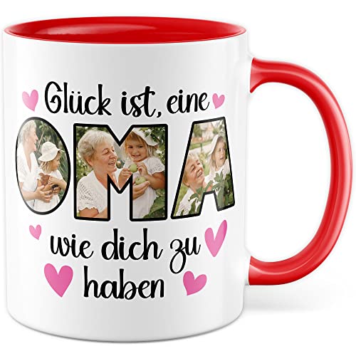 Oma Tasse personalisliert mit Bild, Glück ist eine Oma wie dich zu haben, Geschenk personalisierbar Großmutter Spruch Enkelkinder Geschenkidee Enkel Kaffeetasse (Weiß/Rot) von Pagma Druck