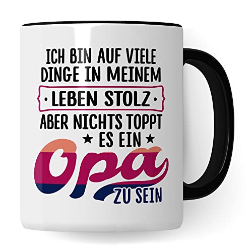 Opa Tasse, Ich bin auf viele Dinge in meinem Lebem stolz - aber nichts toppt es ein Opa zu sein, Geschenk Großvater Spruch Enkelkinder schöner Spruch Geschenkidee Enkel Kaffeetasse (Weiß/Schwarz) von Pagma Druck