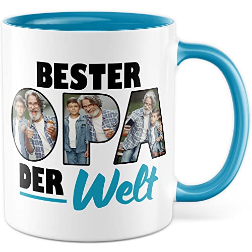 Opa Tasse personalisierbar mit Bild, Bester Opa der Welt, Geschenk personalisiert Großvater Spruch Enkelkinder schöner Spruch Geschenkidee Kaffeetasse Enkel (Weiß/Blau) von Pagma Druck