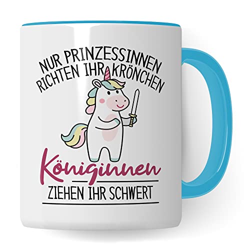 Prinzessinnen Tasse Geschenk Königinnen Kaffeetasse mit Spruch Geschenkidee Einhorn Kaffee-Becher Krönchen richten Schwert ziehen Witz Geburtstagsgeschenk Mädchen Prinzessin (Weiß/Blau) von Pagma Druck