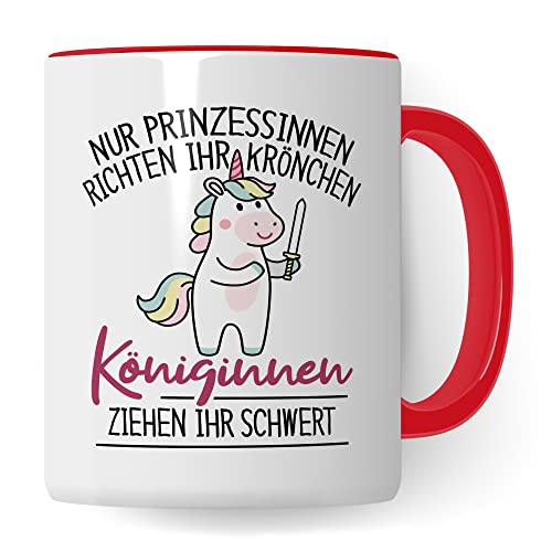 Prinzessinnen Tasse Geschenk Königinnen Kaffeetasse mit Spruch Geschenkidee Einhorn Kaffee-Becher Krönchen richten Schwert ziehen Witz Geburtstagsgeschenk Mädchen Prinzessin (Weiß/Rot) von Pagma Druck