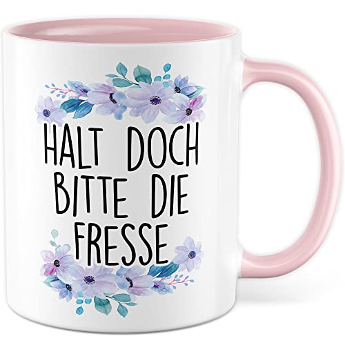 Sarkasmus Tasse Halt die Fresse Geschenkidee Humor Kaffeetasse mit lustigen Spruch Geschenk für Kollegen Kaffeebecher Büro Becher (Weiß & Pink) von Pagma Druck