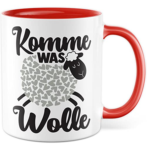 Schafe Tasse lustige Kaffeetasse Geschenk Kaffee-Becher Schäfchen süß Geschenkidee Kollegin Humor Tante Freundin Komme was Wolle Spruch Cartoon Schaf Aufdruck witzig Bäuerin Bauernfrau (Weiß/Rot) von Pagma Druck