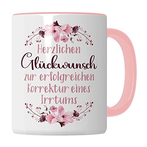 Scheidung Tasse, Herzlichen Glückwunsch zur erfolgreichen Korrektur eines Irrtums, Scheidung Trennung Spruch lustig Motiv Geschenkidee Kaffeetasse divorce Kaffee-Becher (Weiß/Pink) von Pagma Druck