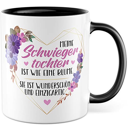 Schwiegertochter Tasse Geschenk Hochzeit Kaffeetasse Geschenkidee Schwiegereltern Kaffee-Becher mit Spruch Wie eine Blume wunderschön und einzigartig (Weiß/Schwarz) von Pagma Druck