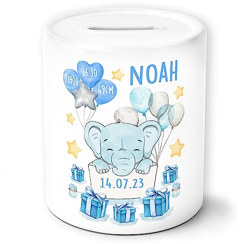 Spardose Geburt Junge personalisiert Geschenk mit Namen und eigenen Daten persönliches Geschenk Geschenkidee Baby Geburt Kind Taufe Sparschwein Sparbüchse (Weiß/Blau) von Pagma Druck