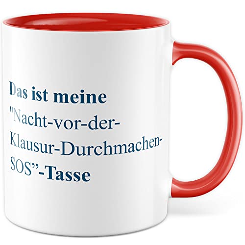 Studium Tasse Studenten Kaffeetasse Examen Kaffee-Becher Uni Prüfung Teetasse Student Geschenkidee Studentin Geschenk Klausur Witz lustiger Notfall Spruch lernen Humor (Weiß/Rot) von Pagma Druck