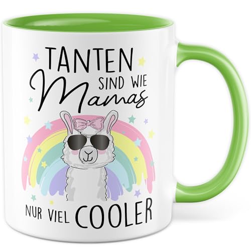 Tante Tasse mit Spruch - Geschenk Tanten sind wie Mamas nur viel cooler - Kaffeetasse aus Keramik 330ml - Geschenkidee Schwester Geburt Nichte Neffe Patentante Kaffee-Becher (Weiß/Grün) von Pagma Druck