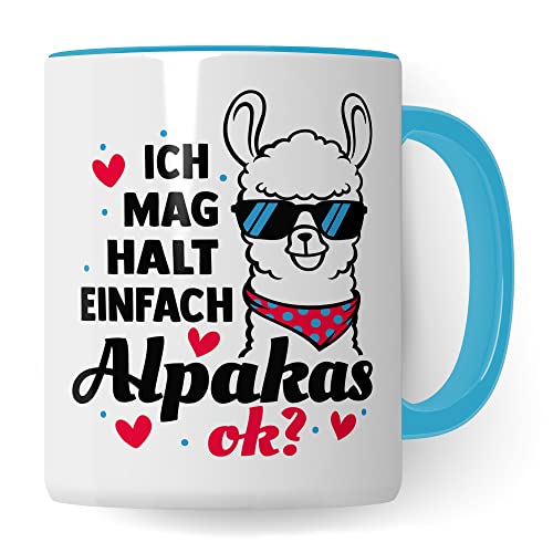 Tasse Alpaka-Motiv, Ich mag halt einfach Alpakas, ok? Geschenk Alpakaliebhaber, süße Alpaka-Tasse Motiv, Geschenk Kollegen lustige Büro-Tasse Kaffeetasse (Weiß & Blau) von Pagma Druck