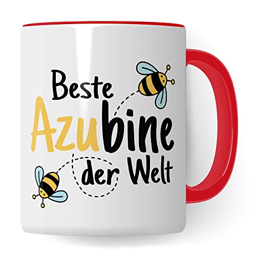 Tasse Azubine Kaffeetassen Azubi Ausbildung Kaffee-Becher Lehrling Ausbildung Beste Azubine der Welt Spruch Becher Geschenkidee Azubine-Geschenk Auszubildende Auszubildender Biene (Weiß/Rot) von Pagma Druck