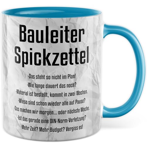 Tasse Bauleiter Geschenk Bauleiter Spickzettel, Kaffeetasse Baustelle Bauarbeiter Architekt Leitung Beruf, Geschenkidee Arbeit Spickzettel Ironie Sarkasmus Lustiger Spruch Kaffee-Becher von Pagma Druck